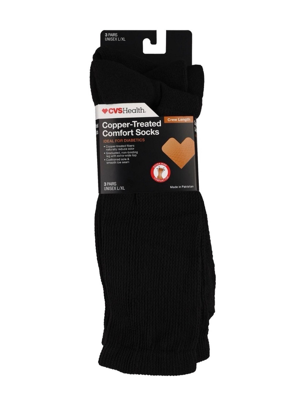 CVS Health Copper-Treated Comfort Socks - Black, Crew Length (3 Pairs)
